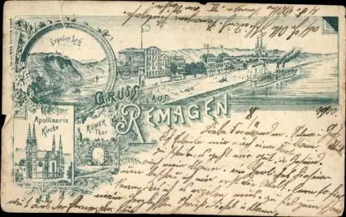 Ak Remagen am Rhein, Sehenswürdigkeit, Apollinaris Kirche, Rheinschiff, Uferpromenade,  