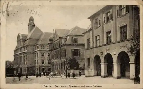 Ak Plauen im Vogtland,  Feuerwache, Sparkasse, neues Rathaus,  Architektur