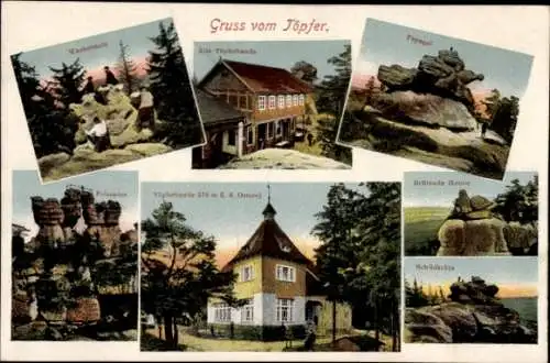 Ak Oybin Sachsen, Töpferbaude, Papagei, Brütende Henne, Felsentor, Schildkröte, Wackelstein