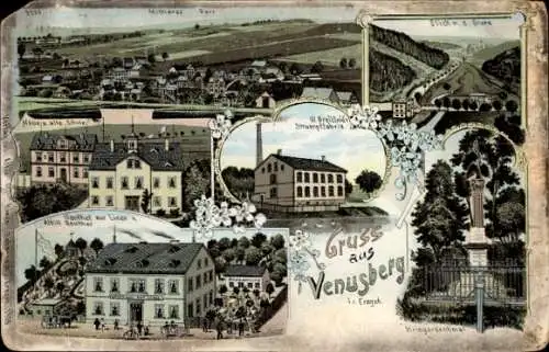 Ak Venusberg Drebach im Erzgebirge, Ansicht von  Kriegerdenkmal, Strumpfabrik, Schule, ländliche 