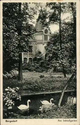 Ak Hamburg Bergedorf, Schlossgarten, Gebäude, Schwäne, Bäume, Schwarz-Weiß-Fotografie