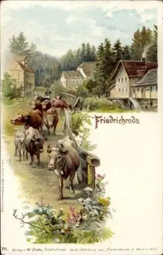 Ak Friedrichroda im Thüringer Wald, Landschaft mit Kühen, Dorfansicht,  Illustration, idyllische 