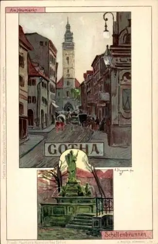 Künstler Litho Stagura, Albert, Gotha Thüringen, Schellenbrunnen, Neumarkt