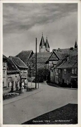 Ak Gernrode Quedlinburg im Harz, Stadtansicht  zwei Kirchtürme,  Gebäude, Straße