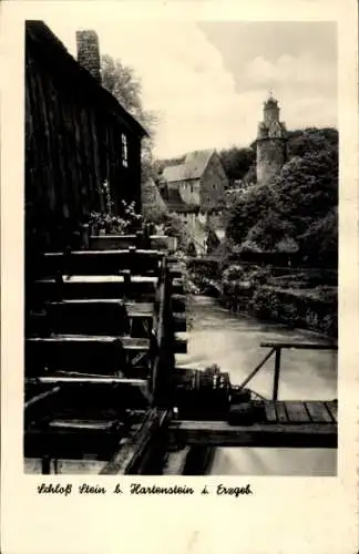 Ak Stein Hartenstein im Erzgebirge Sachsen, Blick auf Schloss Stein, Mühlrad