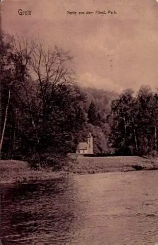 Ak Greiz im Vogtland Thüringen, Seenlandschaft, Kirche im Fürstlichen Park, Wetterunsicherheit