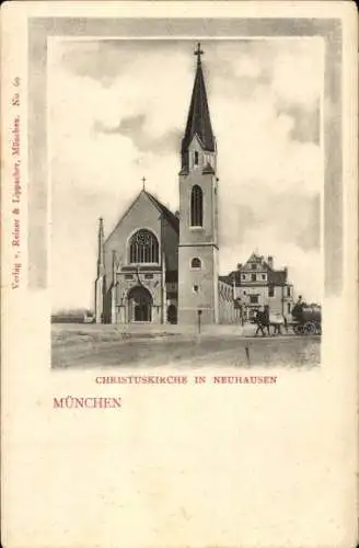 Ak Neuhausen München Bayern, -Christuskirche in Neuhausen,  Architektur, Pferdewagen, Verlag Rein