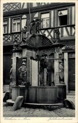 Ak Wertheim am Main, Jubiläumsbrunnen, Statuen, Fachwerkhäuser