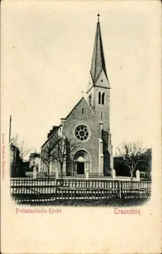 Ak Traunstein in Oberbayern, Protestantische Kirche, Hochhaus, Zaun, Bäume, Schwarz-Weiß-Foto