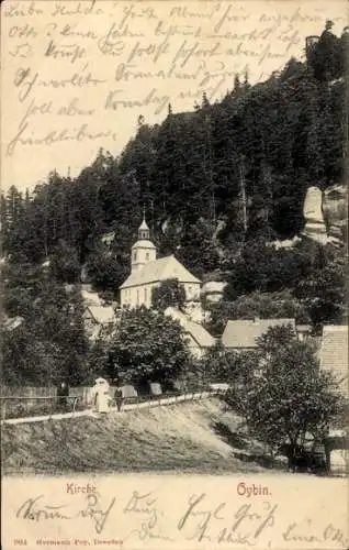 Ak Oybin in der Oberlausitz, Kirche, Berglandschaft,  Stimmung, Menschen auf dem Weg