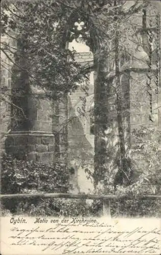 Ak Oybin in der Oberlausitz, Kirchruine, Bäume, Schwarz-Weiß, Landschaft