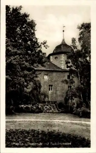 Ak Zittau in Sachsen, Blumen Uhr, Fleischerbastei,  Architektur