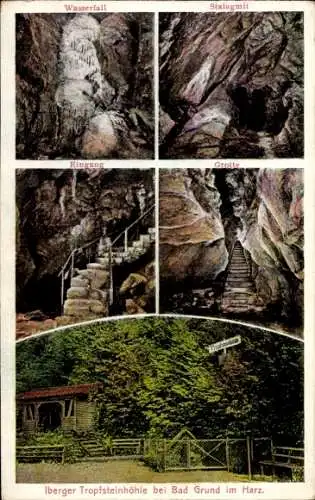 Ak Bad Grund im Harz, Iberger Tropfsteinhöhle, Eingang, Gotte, Wasserfall