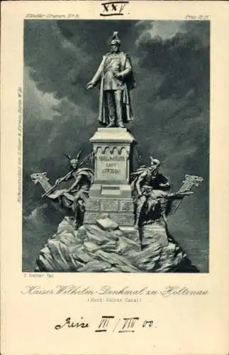 Ak Holtenau Kiel, Kaiser Wilhelm-Denkmal, Nord-Ostsee Kanal, Statue mit zwei Figuren