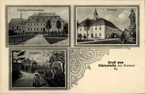 Ak Räckelwitz Oberlausitz, Maltheser-Krankenhaus, Rittergut, Dorfpartie