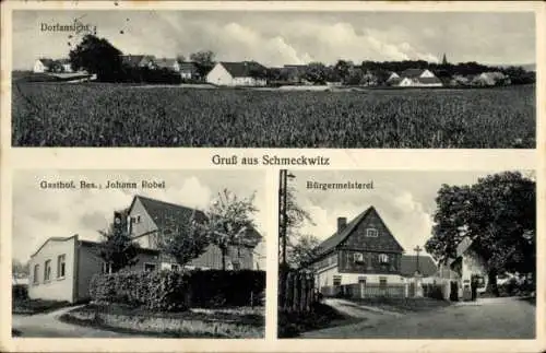 Ak Schmeckwitz Räckelwitz Oberlausitz, Dorfansicht, Gasthof Johann Robel, Bürgermeisterei