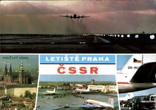 Ak Praha Prag Tschechien, Landeanflug, Pražský Hrad, Flughafen Praha, Flugzeuge