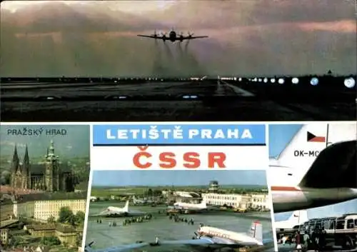 Ak Ruzyně Praha Prag Tschechien, Flughafen, Prager Burg, Flugzeug, Stadtansicht
