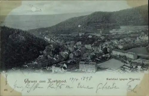 Mondschein Ak Karlovy Vary Karlsbad Stadt, Blick auf die Stadt gegen Westen