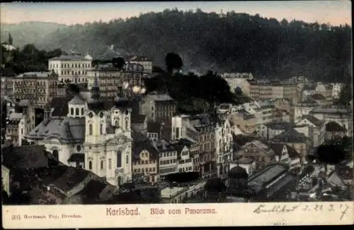 Ak Karlovy Vary Karlsbad Stadt, Totalansicht vom Ort, Vogelschau, Wald