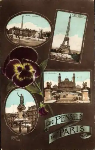 Ak Paris, Teilansichten, Eiffelturm, Brunnen, Statue