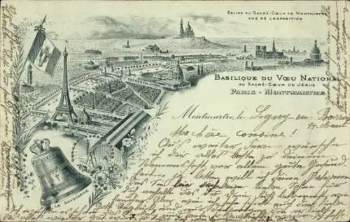 Ak Paris XVIII Montmartre, Moulin Rouge, Basilique du Sacré-Cœur, Eiffel-Turm, Stadtszene,  Archi