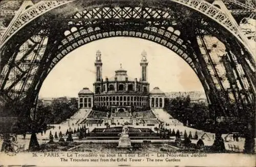 Ak Paris XVI Trocadéro, Le Trocadéro, unter der Eiffel-Tour, neue Gärten