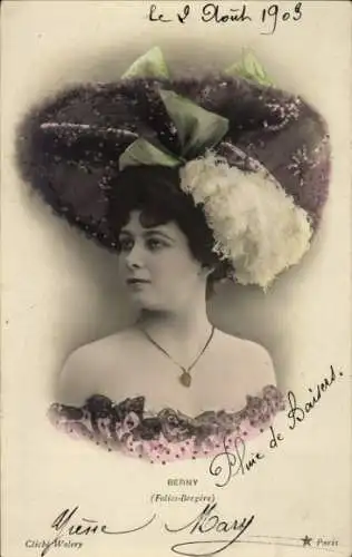 Ak Variete-Künstlerin Berny, Porträt, Hut
