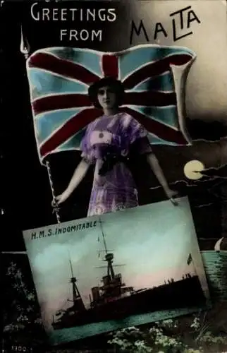 Passepartout Ak Malta, Britisches Kriegsschiff, HMS Indomitable