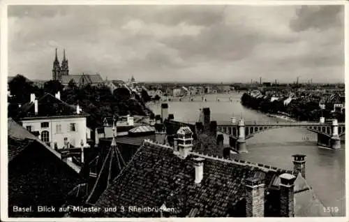 Ak Basel Bâle Stadt Schweiz, Blick auf Münster, 3 Rheinbrücken, Stadtansicht, schwarz-weiß