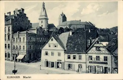 Ak Loket Elbogen Region Königgrätz, Stadtansicht, Markt mit Gebäuden und Kirchturm