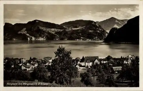 Ak Hergiswil Kt Nidwalden, Schwarze , Berge, See, Stadtansicht, Bürgenstock, Brisen