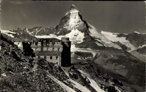 Ak Zermatt Kanton Wallis Schweiz, Kulm-Hotel Gornergrat, Matterhorn, Gebirge, Schwarz-Weiß-Fotogr