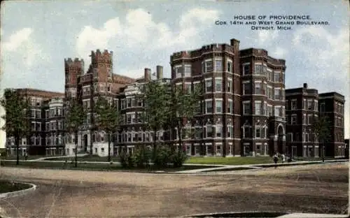 Ak Detroit Michigan USA, House of Providence, Eckturm, Backsteinbau, Straßenansicht