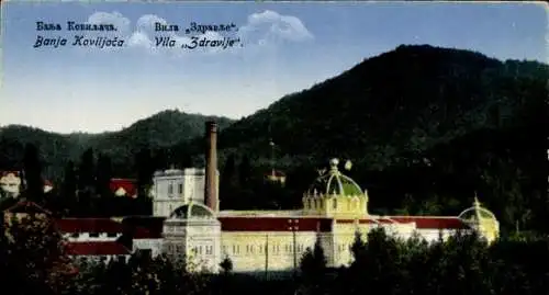 Ak Banja Koviljača Serbien, Historische Villa "Zdravlje", Landschaft, Berge, Bäume