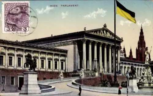 Ak Wien 1 Innere Stadt, Wien Parlament, klassizistisches Gebäude, Statue in der Nähe, Flagge