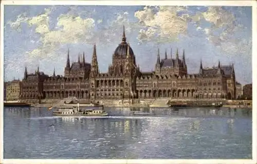 Ak Budapest Ungarn, Parlamentsgebäude, Donau, Boot, Wolken, aufwendig gezeichnet