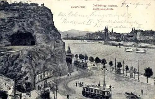 Ak Budapest Ungarn, Gellérthegyi Barlang, Blocksbergshöhle, Straßenbahn, Donau