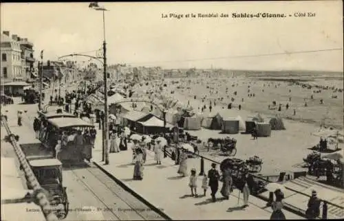 Ak Les Sables d'Olonne Vendée, Strand, Remblai, Ostseite, Straßenbahn