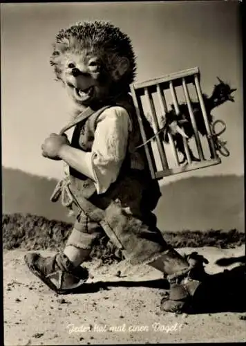 Ak Mecki der Igel, Jeder hat mal einen Vogel, Vogelkäfig