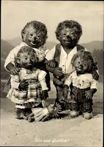 Ak Mecki der Igel, Wir sind glücklich, Mecki mit Familie, Puppe