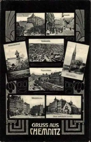 Passepartout Ak Chemnitz, Nikolaikirche, Neue katholische Schule, Körnerdenkmal, Holzmarkt, Brücke