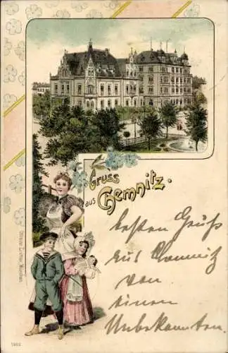 Litho Chemnitz in Sachsen, Gesamtansicht, Gebäude, Springbrunnen, Frau und Kinder