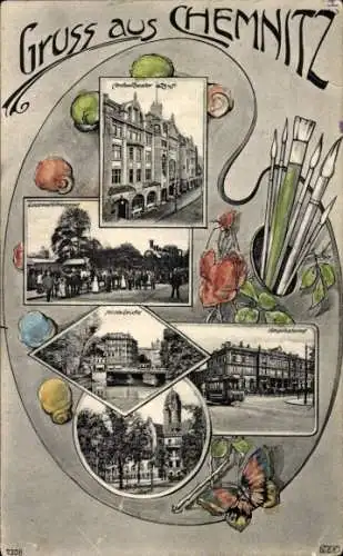 Ak Chemnitz in Sachsen, Teilansichten, Brücke, Hauptbahnhof, Malerpalette