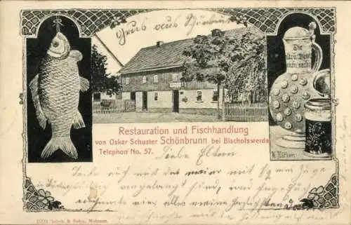 Ak Schönbrunn Bischofswerda in Sachsen, Restauration und Fischhandlung von Oskar Schuster
