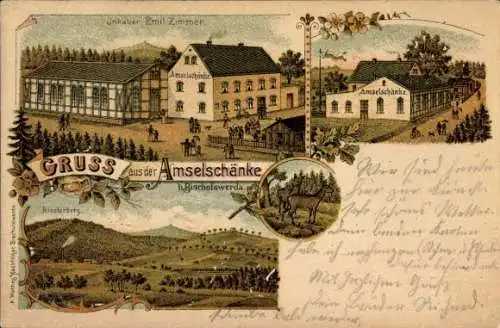Litho Bischofswerda in Sachsen, Gasthaus Amselschänke, Inh. Emil Zimmer, Panorama, Klosterberg