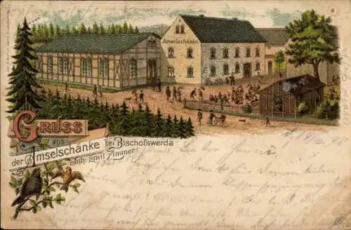 Litho Bischofswerda in Sachsen, Gasthaus Amselschänke, Inh. Emil Zimmer