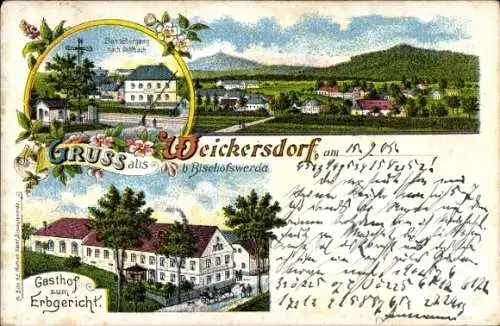 Litho Weickersdorf Bischofswerda in Sachsen, Gesamtansicht, Gasthof zum Erbgericht, Bahnübergang