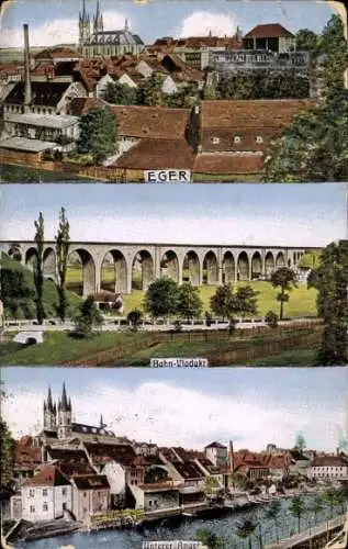Ak Cheb Eger Region Karlsbad, Panorama, Bahnviadukt, Unterer Anger