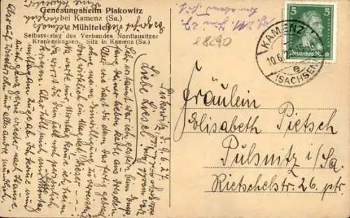 Ak Piskowitz Nebelschütz Oberlausitz, Genesungsheim, Mühlteich